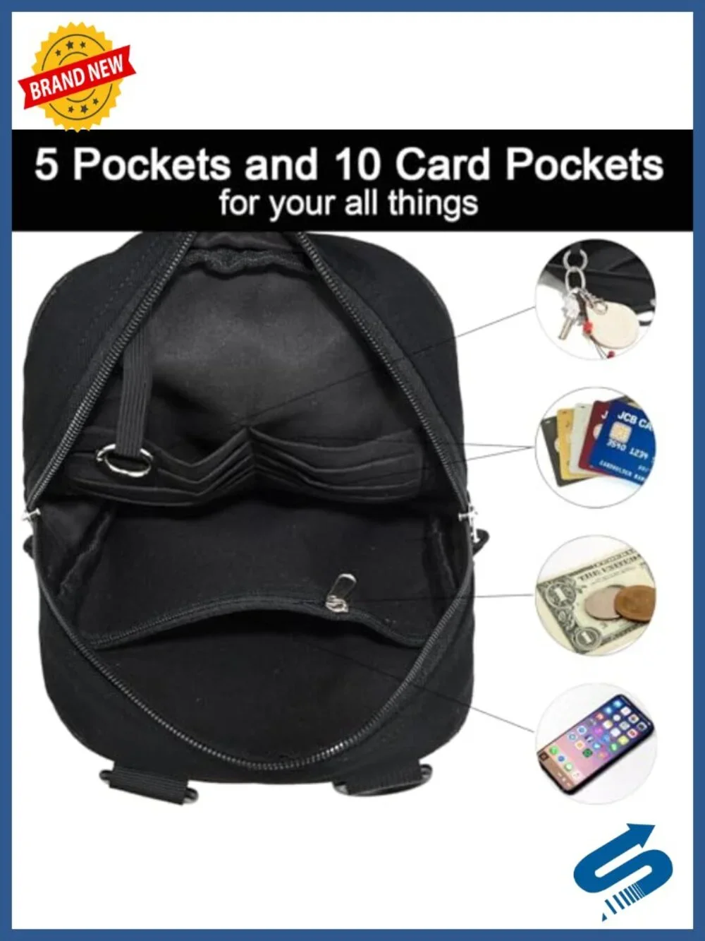 5-Way Convertible Crossbody Sling Bag with 3 Straps, Canvas, 14 Pockets